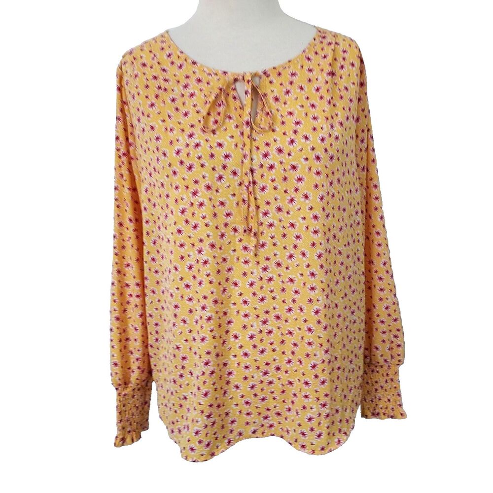 PLEIONE Shirt Top Flowy Womens Size Medium Tie Front Long Sleeves Yellow White